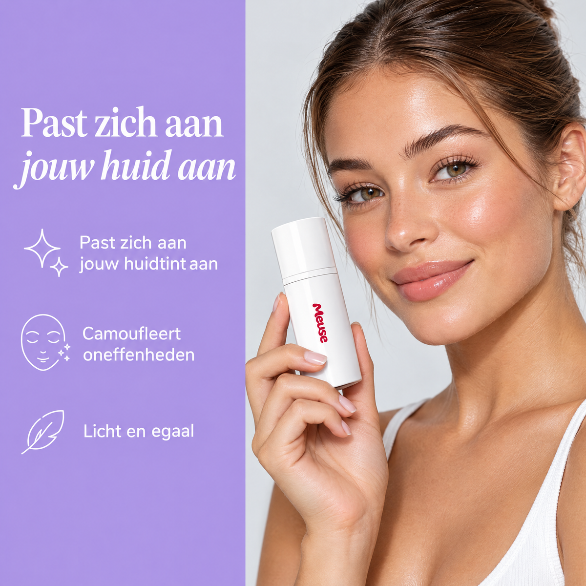 Past zich aan jouw huid aan: past zich aan jouw huidtint aan, camoufleert oneffenheden, licht en egaal